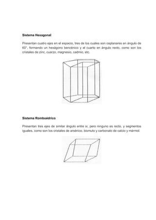 Sistema Hexagonal
Presentan cuatro ejes en el espacio, tres de los cuales son coplanares en ángulo de
60°, formando un hexágono bencénico y el cuarto en ángulo recto, como son los
cristales de zinc, cuarzo, magnesio, cadmio, etc.

Sistema Romboédrico
Presentan tres ejes de similar ángulo entre si, pero ninguno es recto, y segmentos
iguales, como son los cristales de arsénico, bismuto y carbonato de calcio y mármol.

 