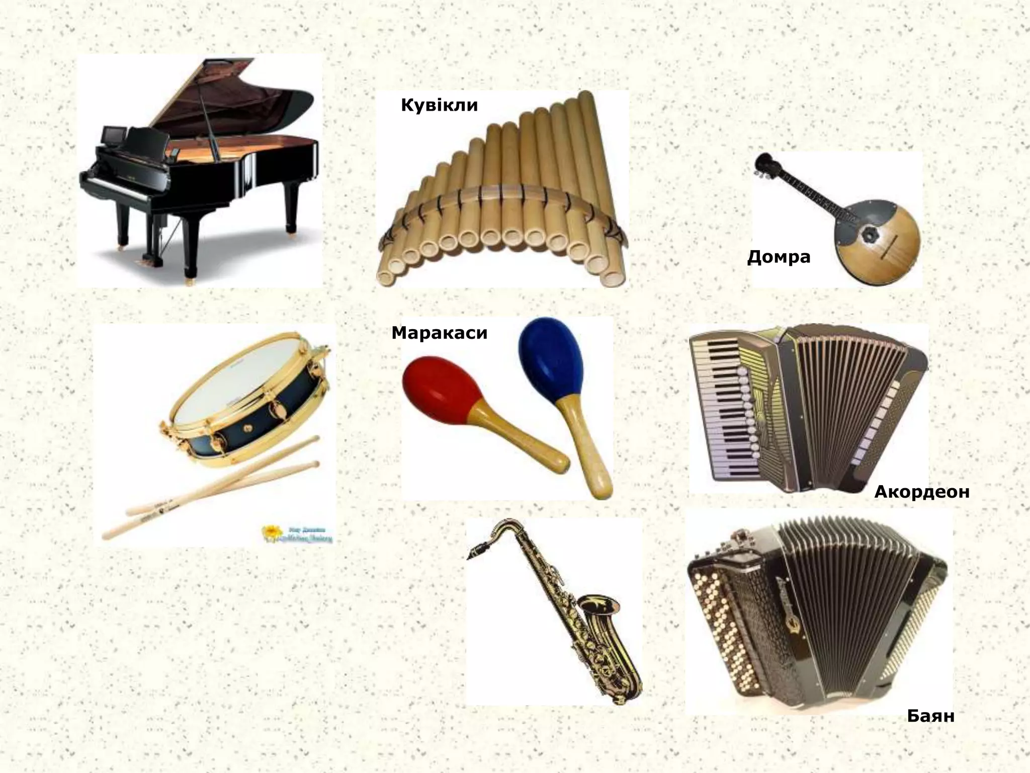 Акордеон
Баян
Маракаси
Кувікли
Домра
 