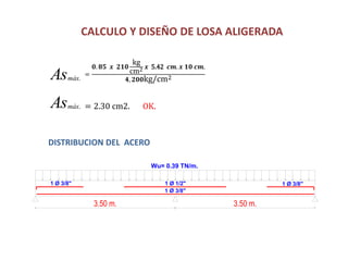 CALCULO Y DISEÑO DE LOSA ALIGERADA
= 2.30 cm2. OK.
Asmáx.
=
𝟎. 𝟖𝟓 𝒙 𝟐𝟏𝟎
kg
cm2 𝒙 5.42 𝒄𝒎. 𝒙 𝟏𝟎 𝒄𝒎.
𝟒, 𝟐𝟎𝟎kg/cm2
Asmáx.
3.50 m. 3.50 m.
Wu= 0.39 TN/m.
1 Ø 3/8"1 Ø 3/8" 1 Ø 1/2"
1 Ø 3/8"
DISTRIBUCION DEL ACERO
 