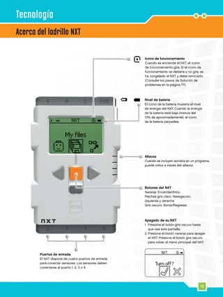12
Puertos de entrada
El NXT dispone de cuatro puertos de entrada
para conectar sensores. Los sensores deben
conectarse al puerto 1, 2, 3 o 4.
Acerca del ladrillo NXT
Altavoz
Cuando se incluyen sonidos en un programa,
puede oírlos a través del altavoz.
Nivel de batería
El icono de la batería muestra el nivel
de energía del NXT. Cuando la energía
de la batería está baja (menos del
10% de aproximadamente), el icono
de la batería parpadea.
Icono de funcionamiento
Cuando se enciende el NXT, el icono
de funcionamiento gira. Si el icono de
funcionamiento se detiene y no gira, se
ha congelado el NXT y debe reiniciarlo.
(Consulte los pasos de Solución de
problemas en la página 77).
Apagado de su NXT
1.	Presione el botón gris oscuro hasta
que vea esta pantalla.
2.	Presione el botón naranja para apagar
el NXT. Presione el botón gris oscuro
para volver al menú principal del NXT.
Botones del NXT
Naranja: Encender/Intro.
Flechas gris claro: Navegación,
izquierda y derecha
Gris oscuro: Borrar/Regresar.
Tecnología
 
