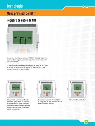 18
1 2 3
Menú principal del NXT
Tecnología
Registro de datos de NXT
El submenú Registro de datos de NXT [NXT Datalog] te permite
recopilar datos registrándolos sin necesidad de tener conexión
con tu ordenador.
La ejecución de un programa de Registro de datos de NXT crea
un archivo de registro que se guarda en el ladrillo NXT y que
puede importarse en tu ordenador.
Selecciona la opción Luz reflejada
[Reflected light]. Utiliza los botones
de flecha de color verde claro para
moverte por las opciones y presiona
el botón naranja Entrar [Enter] para
realizar tu selección.
Selecciona la opción Puerto 1 [Port
1]. Asegúrate de que el Sensor de luz
esté conectado al Puerto 1.
Selecciona Finalizado [Done].
 