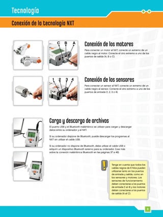 C B A
1 2 3 4
9
Conexión de los motores
Para conectar un motor al NXT, conecte un extremo de un
cable negro al motor. Conecte el otro extremo a uno de los
puertos de salida (A, B o C).
Conexión de los sensores
Para conectar un sensor al NXT, conecte un extremo de un
cable negro al sensor. Conecte el otro extremo a uno de los
puertos de entrada (1, 2, 3 o 4).
Carga y descarga de archivos
El puerto USB y el Bluetooth inalámbrico se utilizan para cargar y descargar
datos entre su ordenador y el NXT.
Si su ordenador dispone de Bluetooth, puede descargar los programas al
NXT sin utilizar el cable USB.
Si su ordenador no dispone de Bluetooth, debe utilizar el cable USB o
adquirir un dispositivo Bluetooth externo para su ordenador. (Lea más
sobre la conexión inalámbrica Bluetooth en las páginas 37 a 46).
Conexión de la tecnología NXT
Tecnología
Tenga en cuenta que todos los
cables negros de 6 hilos pueden
utilizarse tanto en los puertos
de entrada y salida, como en
los sensores y motores. Los
sensores de funcionamiento
deben conectarse a los puertos
de entrada (1 al 4) y los motores
deben conectarse a los puertos
de salida (A al C).
 