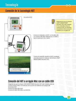 1
2
3
10
Encienda el NXT.
Conecte el ordenador y el NXT con el cable USB.
La conexión USB debe realizarse por un adulto o
bajo la supervisión de un adulto
Conexión del NXT a un Apple Mac con un cable USB
Asegúrese de que el software LEGO MINDSTORMS Education NXT esté instalado antes de
conectar el NXT al Mac. (Consulte las instrucciones de instalación en la página 48).
Encienda el NXT.
Conecte el cable USB al NXT.
Conecte el cable USB al Mac y ya está listo.
Asegúrese de que el software
LEGO®
MINDSTORMS®
Education NXT esté instalado
en su ordenador antes de
conectar el NXT al ordenador.
Consulte las instrucciones de
instalación en la página 47.
Conexión de la tecnología NXT
Cuando el ordenador identifica el NXT completará
automáticamente la instalación del software LEGO®
MINDSTORMS®
Education NXT.
Tecnología
 