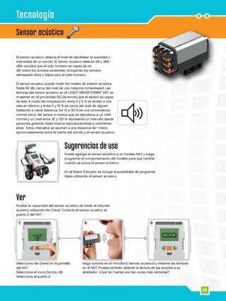1 32
28
Sensor acústico
Tecnología
Ver
Pruebe la capacidad del sensor acústico de medir el volumen
acústico utilizando Ver [View]. Conecte el sensor acústico al
puerto 2 del NXT.
Haga sonidos en el micrófono (sensor acústico) y observe las lecturas
en el NXT. Pruebe también obtener la lectura de los sonidos a su
alrededor: ¿Qué tan fuertes son las voces más cercanas?
Sugerencias de uso
Puede agregar el sensor acústico a un modelo NXT y luego
programar el comportamiento del modelo para que cambie
cuando se activa el sensor acústico.
En el Robot Educator se incluye la posibilidad de programar
ideas utilizando el sensor acústico.
Seleccione Ver [View] en la pantalla
del NXT.
Seleccione el icono Sonido dB.
Seleccione el puerto 2.
El sensor acústico detecta el nivel de decibeles: la suavidad o
intensidad de un sonido. El sensor acústico detecta dB y dBA.
dBA: sonidos que el oído humano es capaz de oír.
dB: todos los sonidos existentes, incluyendo los sonidos
demasiado altos o bajos para el oído humano.
El sensor acústico puede medir los niveles de presión acústica
hasta 90 dB, cerca del nivel de una máquina cortacésped. Las
lecturas del sensor acústico en el LEGO®
MINDSTORMS®
NXT se
muestran en el porcentaje [%] de sonido que el sensor es capaz
de leer. A modo de comparación, entre 4 y 5 % es similar a una
sala en silencio y entre 5 y 10 % es cerca del nivel de alguien
hablando a cierta distancia. De 10 a 30 % es una conversación
normal cerca del sensor o música que se reproduce a un nivel
normal y un nivel entre 30 y 100 % representa un intervalo desde
personas gritando hasta música reproduciéndose a volúmenes
altos. Estos intervalos se asumen a una distancia de 1 metro
aproximadamente entre la fuente del sonido y el sensor acústico.
 