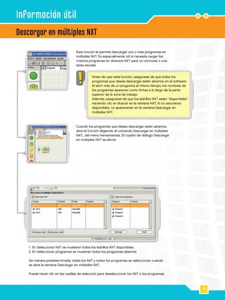 75
2
1
2
3
Descargar en múltiples NXT
Información útil
Esta función le permite descargar uno o más programas en
múltiples NXT. Es especialmente útil si necesita cargar los
mismos programas en diversos NXT para un concurso o una
tarea escolar.
Cuando los programas que desea descargar estén abiertos,
abra la función eligiendo el comando Descargar en múltiples
NXT... del menú Herramientas. El cuadro de diálogo Descargar
en múltiples NXT se abrirá.
1.	En Seleccionar NXT se muestran todos los ladrillos NXT disponibles.
2.	En Seleccionar programas se muestran todos los programas abiertos.
De manera predeterminada, todos los NXT y todos los programas se seleccionan cuando
se abre la ventana Descargar en múltiples NXT.
Puede hacer clic en las casillas de selección para deseleccionar los NXT o los programas.
Antes de usar esta función, asegúrese de que todos los
programas que desea descargar estén abiertos en el software.
Al abrir más de un programa al mismo tiempo, los nombres de
los programas aparecen como fichas a lo largo de la parte
superior de la zona de trabajo.
Además, asegúrese de que los ladrillos NXT están disponibles
haciendo clic en Buscar en la ventana NXT. Si no estuvieran
disponibles, no aparecerían en la ventana Descargar en
múltiples NXT.
 