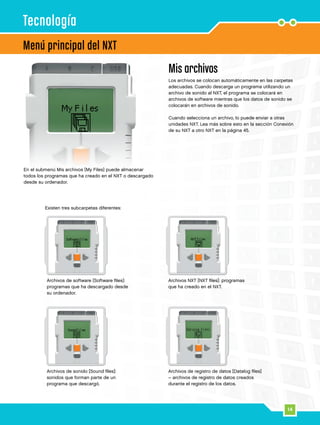 14
Mis archivos
Los archivos se colocan automáticamente en las carpetas
adecuadas. Cuando descarga un programa utilizando un
archivo de sonido al NXT, el programa se colocará en
archivos de software mientras que los datos de sonido se
colocarán en archivos de sonido.
Cuando selecciona un archivo, lo puede enviar a otras
unidades NXT. Lea más sobre esto en la sección Conexión
de su NXT a otro NXT en la página 45.
Existen tres subcarpetas diferentes:
Archivos de software [Software files]:
programas que ha descargado desde
su ordenador.
Archivos NXT [NXT files]: programas
que ha creado en el NXT.
Archivos de registro de datos [Datalog files]
– archivos de registro de datos creados
durante el registro de los datos.
Archivos de sonido [Sound files]:
sonidos que forman parte de un
programa que descargó.
En el submenú Mis archivos [My Files] puede almacenar
todos los programas que ha creado en el NXT o descargado
desde su ordenador.
Menú principal del NXT
Tecnología
 