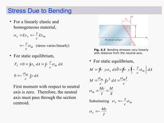 Stress Due to Bending
• For a linearly elastic and
homogeneous material,
• For static equilibrium,









dA
y
c
dA
c
y
dA
F
m
m
x
x



0
0
First moment with respect to neutral
axis is zero. Therefore, the neutral
axis must pass through the section
centroid.
• For static equilibrium,
   
I
My
c
y
S
M
I
Mc
c
I
dA
y
c
M
dA
c
y
y
dA
y
M
x
m
x
m
m
m
m
x






























ng
Substituti
2
linearly)
varies
(stress
m
m
x
x
c
y
E
c
y
E









Fig. 4.3 Bending stresses vary linearly
with distance from the neutral axis.
 