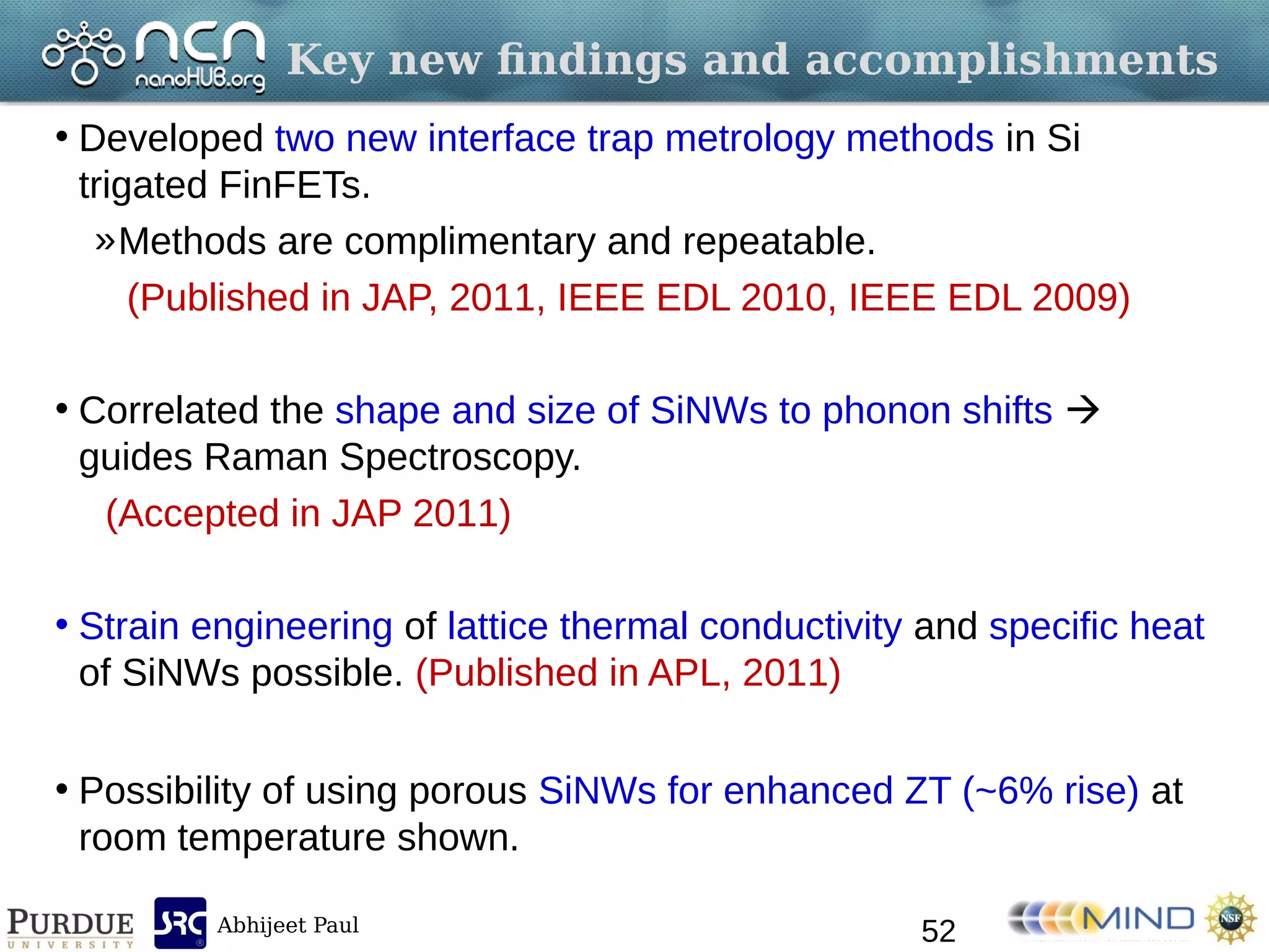 Abhijeet Paul
Key new findings and accomplishments
• Developed two new interface trap metrology methods in Si
trigated FinFETs.
»Methods are complimentary and repeatable.
(Published in JAP, 2011, IEEE EDL 2010, IEEE EDL 2009)
• Correlated the shape and size of SiNWs to phonon shifts 
guides Raman Spectroscopy.
(Accepted in JAP 2011)
• Strain engineering of lattice thermal conductivity and specific heat
of SiNWs possible. (Published in APL, 2011)
• Possibility of using porous SiNWs for enhanced ZT (~6% rise) at
room temperature shown.
52
 