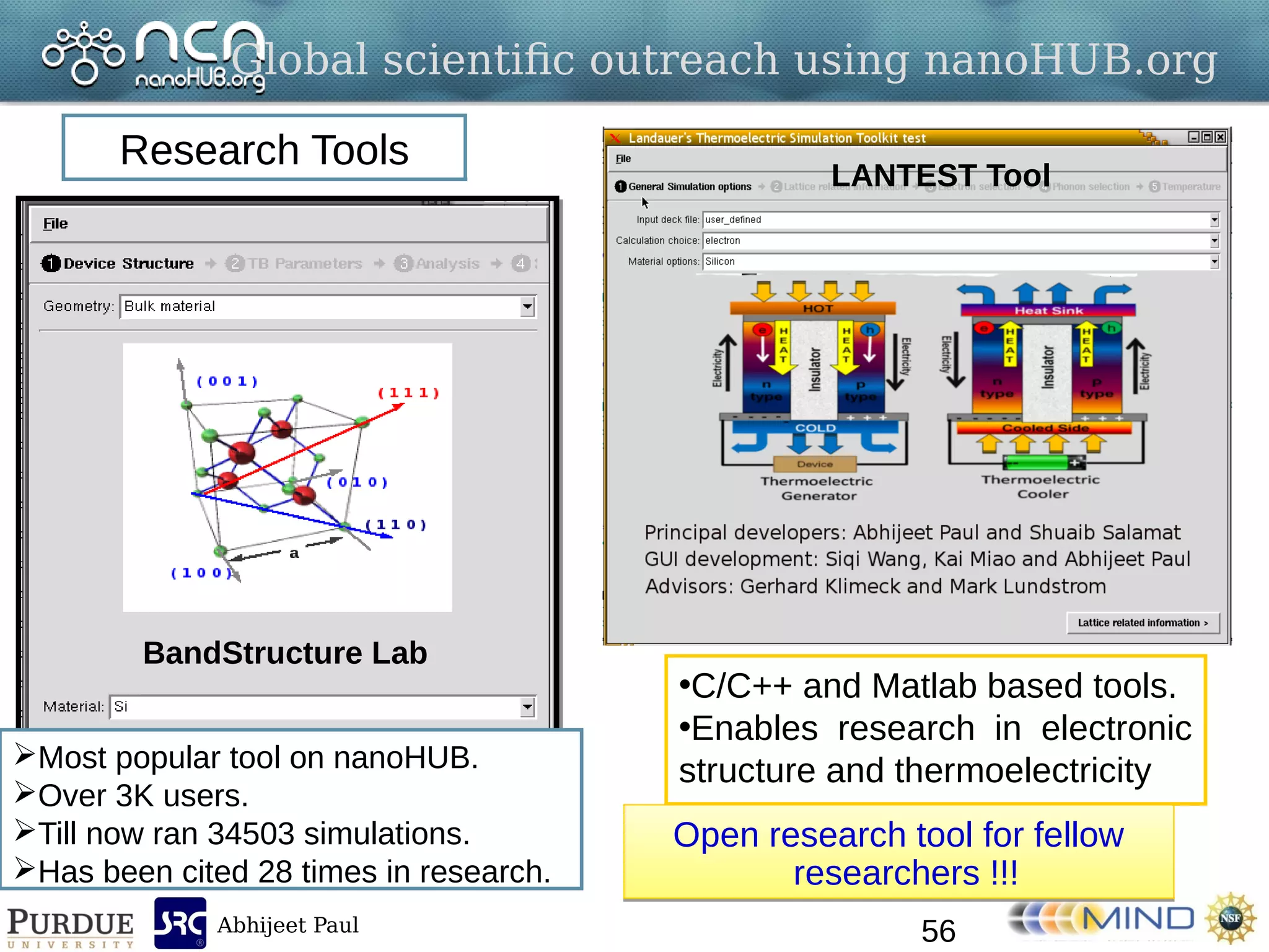 Abhijeet Paul
Global scientific outreach using nanoHUB.org
•C/C++ and Matlab based tools.
•Enables research in electronic
structure and thermoelectricity
56
Open research tool for fellow
researchers !!!
Open research tool for fellow
researchers !!!
BandStructure Lab
LANTEST Tool
Research Tools
Most popular tool on nanoHUB.
Over 3K users.
Till now ran 34503 simulations.
Has been cited 28 times in research.
 