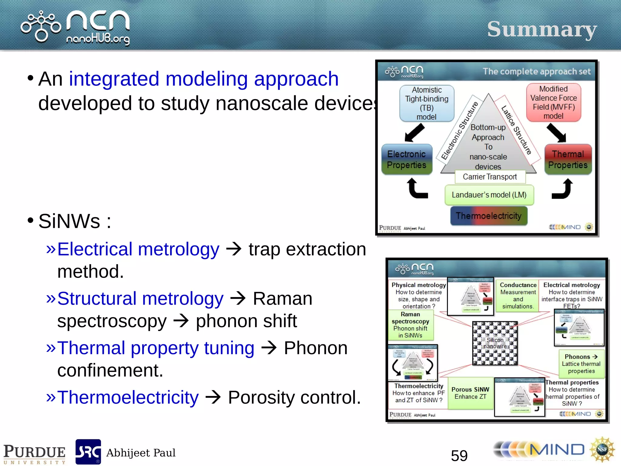 Abhijeet Paul
Summary
• An integrated modeling approach
developed to study nanoscale devices.
• SiNWs :
»Electrical metrology  trap extraction
method.
»Structural metrology  Raman
spectroscopy  phonon shift
»Thermal property tuning  Phonon
confinement.
»Thermoelectricity  Porosity control.
59
 