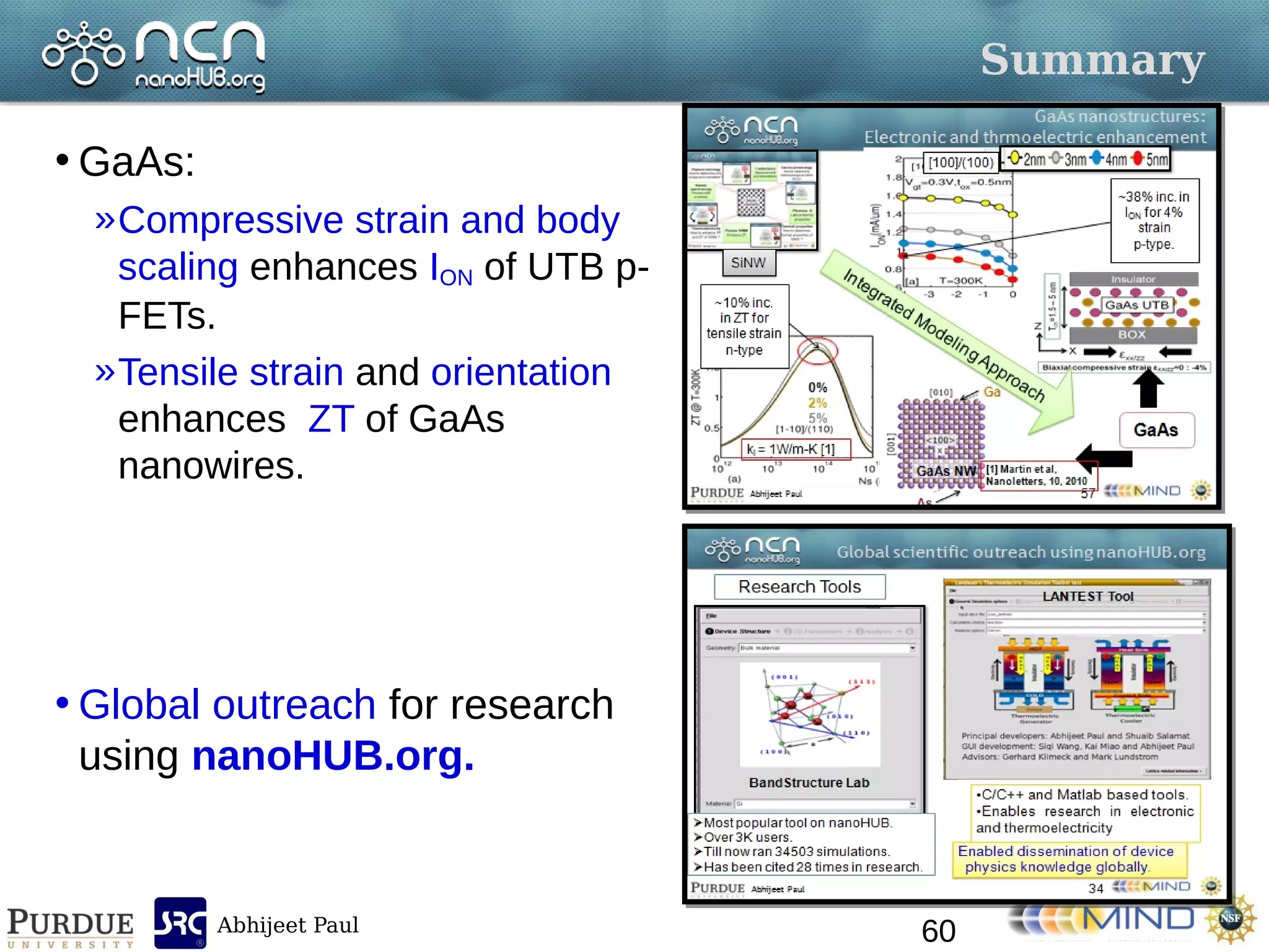 Abhijeet Paul
Summary
• GaAs:
»Compressive strain and body
scaling enhances ION of UTB p-
FETs.
»Tensile strain and orientation
enhances ZT of GaAs
nanowires.
• Global outreach for research
using nanoHUB.org.
60
 