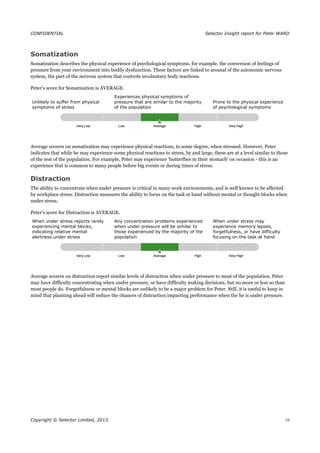 CONFIDENTIAL Selector Insight report for Peter WARD
Somatization
Somatization describes the physical experience of psychological symptoms, for example, the conversion of feelings of
pressure from your environment into bodily dysfunction. These factors are linked to arousal of the autonomic nervous
system, the part of the nervous system that controls involuntary body reactions.
Peter’s score for Somatization is AVERAGE.
Unlikely to suffer from physical
symptoms of stress
Experiences physical symptoms of
pressure that are similar to the majority
of the population
Prone to the physical experience
of psychological symptoms
Average scorers on somatization may experience physical reactions, to some degree, when stressed. However, Peter
indicates that while he may experience some physical reactions to stress, by and large, these are at a level similar to those
of the rest of the population. For example, Peter may experience ‘butterflies in their stomach’ on occasion - this is an
experience that is common to many people before big events or during times of stress.
Distraction
The ability to concentrate when under pressure is critical in many work environments, and is well known to be affected
by workplace stress. Distraction measures the ability to focus on the task at hand without mental or thought blocks when
under stress.
Peter’s score for Distraction is AVERAGE.
When under stress reports rarely
experiencing mental blocks,
indicating relative mental
alertness under stress
Any concentration problems experienced
when under pressure will be similar to
those experienced by the majority of the
population
When under stress may
experience memory lapses,
forgetfulness, or have difficulty
focusing on the task at hand
Average scorers on distraction report similar levels of distraction when under pressure to most of the population. Peter
may have difficulty concentrating when under pressure, or have difficulty making decisions, but no more or less so than
most people do. Forgetfulness or mental blocks are unlikely to be a major problem for Peter. Still, it is useful to keep in
mind that planning ahead will reduce the chances of distraction impacting performance when the he is under pressure.
Copyright © Selector Limited, 2013. 19
 