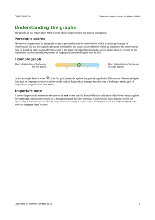 CONFIDENTIAL Selector Insight report for Peter WARD
Understanding the graphs
The graphs in this report show Peter’s score when compared with the general population.
Percentile scores
The scores are presented as percentile scores. A percentile score is a score below which a certain percentage of
observations fall. So, for example, the 20th percentile is the value (or score) below which 20 percent of the observations
may be found. In other words, if Peter scores at the 20th percentile that means he scored higher than 20 percent of the
population or, alternatively, 80 percent of the population scored higher than he did.
Example graph
Short description of behaviour
for low scores
Short description of behaviour
for high scores
In this example, Peter’s score ( ) is at the 55th percentile against the general population. This means his score is higher
than 55% of the population or, in other words, slightly higher than average. Another way of looking at this is 45% of
people have a higher score than Peter.
Important note
It is very important to remember the scores are not scores out of a hundred but an indication of how Peter ranks against
the particular population to which he is being compared. It is also essential to understand that a higher score is not
necessarily a better score and a lower score is not necessarily a worse score - it all depends on the particular trait as to
how you interpret Peter’s scores.
Copyright © Selector Limited, 2013. 3
 
