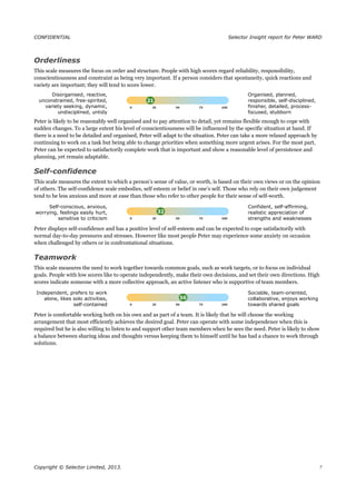 CONFIDENTIAL Selector Insight report for Peter WARD
Orderliness
This scale measures the focus on order and structure. People with high scores regard reliability, responsibility,
conscientiousness and constraint as being very important. If a person considers that spontaneity, quick reactions and
variety are important; they will tend to score lower.
Disorganised, reactive,
unconstrained, free-spirited,
variety seeking, dynamic,
undisciplined, untidy
Organised, planned,
responsible, self-disciplined,
finisher, detailed, process-
focused, stubborn
Peter is likely to be reasonably well organised and to pay attention to detail, yet remains flexible enough to cope with
sudden changes. To a large extent his level of conscientiousness will be influenced by the specific situation at hand. If
there is a need to be detailed and organised, Peter will adapt to the situation. Peter can take a more relaxed approach by
continuing to work on a task but being able to change priorities when something more urgent arises. For the most part,
Peter can be expected to satisfactorily complete work that is important and show a reasonable level of persistence and
planning, yet remain adaptable.
Self-confidence
This scale measures the extent to which a person’s sense of value, or worth, is based on their own views or on the opinion
of others. The self-confidence scale embodies, self esteem or belief in one’s self. Those who rely on their own judgement
tend to be less anxious and more at ease than those who refer to other people for their sense of self-worth.
Self-conscious, anxious,
worrying, feelings easily hurt,
sensitive to criticism
Confident, self-affirming,
realistic appreciation of
strengths and weaknesses
Peter displays self-confidence and has a positive level of self-esteem and can be expected to cope satisfactorily with
normal day-to-day pressures and stresses. However like most people Peter may experience some anxiety on occasion
when challenged by others or in confrontational situations.
Teamwork
This scale measures the need to work together towards common goals, such as work targets, or to focus on individual
goals. People with low scores like to operate independently, make their own decisions, and set their own directions. High
scores indicate someone with a more collective approach, an active listener who is supportive of team members.
Independent, prefers to work
alone, likes solo activities,
self-contained
Sociable, team-oriented,
collaborative, enjoys working
towards shared goals
Peter is comfortable working both on his own and as part of a team. It is likely that he will choose the working
arrangement that most efficiently achieves the desired goal. Peter can operate with some independence when this is
required but he is also willing to listen to and support other team members when he sees the need. Peter is likely to show
a balance between sharing ideas and thoughts versus keeping them to himself until he has had a chance to work through
solutions.
Copyright © Selector Limited, 2013. 7
 