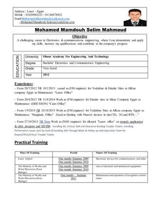 Address : Luxor - Egypt
Mobile : 01020902221 - 01148878822
Email:Mohamed.Mammdouh@alkancit.com
: Mohamed.Mamdouh-Salem@vodafone.com
Mohamed Mamdouh Selim Mahmoud
Objective
A challenging career in Electronics & communications engineering, where I can demonstrate and apply
my skills, increase my qualifications and contribute to the company's progress.
EDUCATION
University Obour Academy For Engineering And Technology
Degree Bachelor Electronics and Communication Engineering
Grade Very Good
Year 2012
Experience:
- From 20/7/2012 Till 10/1/2013 casual as (FM engineer) for Vodafone & Etisalat Sites at AlKan
company Egypt as Maintenance “Luxor Office”
- From 20/4/2013 Till 31/8/2014 Work as (FM engineer) for Etisalat sites at Alkan Company Egypt as
Maintenance (ERICSSON) “Cairo Office”.
- From 1/9/2014 Till 24/10/2015 Work as (FM engineer) for Vodafone Sites at AlKan company Egypt as
Maintenance “Hurghada Office” .Good at Dealing with Huawei devices in sites“2G, 3G and RTN…”
- From 27/10/2015 Till Now Work as (NOC engineer) for alkancit "Luxor office" on remedy application
& citrix program and SO EM. Handling SA, Critical, NSA and Clearance Backlog Trouble Tickets. Handling
Performance issues sent by mails & Handling SIRs Through Mails &.Follow up with Operation Team for
Downs/TRUs/Critical Trouble Tickets
Practical Training
Place Of Training Period Nature Of Training
Luxor Airport One month -Summer 2009
One month -Summer 2010
Electronic devices for communications and radar
The Ministry of Works and
Water Resources (Esna
Barrage)
One month -Summer 2009
One month -Summer 2010
sites of electrical and mechanical equipment
The Ministry of Works and
Water Resources (Esna
Barrage)
One month – Summer
2011
Maintenance and operation of navigation control
sluice
 