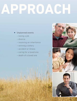 3 	Unplanned events
	 – losing a job
	 – divorce
	 – receiving an inheritance
	 – winning a lottery
	 – accident or illness
	 – caring for a loved one
	 – death of a loved one
 APPROACH
 