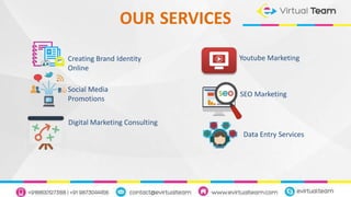 OUR SERVICES
Creating Brand Identity
Online
Social Media
Promotions
SEO Marketing
Youtube Marketing
Digital Marketing Consulting
Data Entry Services
 