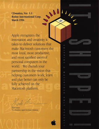 Apple certificate CDmatica 1.1 march 1996