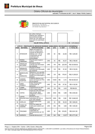 Prefeitura Municipal de Ilheus
Diário Oficial do Município
sexta-feira, 17 de fevereiro de 2017 | Ano II - Edição nº 00124 | Caderno 1
PREFEITURA MUNICIPAL DE ILHEUS
PRç JJ Seabra S/N – Centro Ilhéus-Ba.
Tel.:(073) 3234 3541 - FAX: (073) 3234 3545
CEP: 45650-000 - Ilhéus-Bahia-Brasil
de calhas inteiriças
laterais para captação e
escoamento de água.
Altura de 3,00 metros em
seus pés de sustentação
lateral.
VALOR TOTAL LOTE 02 R$ 1.974.046,63
LOTE 03 – PRESTAÇÃO DE SERVIÇOS DIVERSOS: MOBILIÁRIOS, DECORAÇÃO E CEROMÔNIAS
ITEM MATERIAL ESPECIFICAÇÕES UND. QTD. V. UNIT. V. TOTAL R$
1 APARADOR
Mesa com tampo em
vidro ou madeira para
suporte de alimentos e
bebidas com 1,40 de
comprimento por 40
centímetros de
profundidade.
UND 50 R$ 24,90 R$ 1.245,00
2
ARARA/
CABIDEIRO
Suporte para roupas e
outros.
UND 50 R$ 43,37 R$ 2.168,50
3
ARRANJOS
NATUARIS
Arranjos de flores
naturais para decoração
de ambiente
UND 150 R$ 223,59 R$ 33.538,50
4
ARRANJOS
ARTIFICIAIS
Arranjos de flores
artificiais para decoração
de ambiente
UND 100 R$ 91,52 R$ 9.152,00
5
BEBEDOURO
DE
GARRAFÃO
Bebedouro com garrafão
de água mineral em bom
estado de conservação e
limpeza.
UND 120 R$ 176,91 R$ 21.229,20
6
CADEIRA
PLÁSTICA
Cadeiras plásticas com
apoio de braços em PVC
na cor branca.
UND 15000 R$ 3,10 R$ 46.500,00
7
CAIXA
TÉRMICA
Caixa Térmica para
conservação de
alimentos
UND 150 R$ 27,35 R$ 4.102,50
8
COBRE
MANCHAS
Cobremancha de cetim,
1,5X1,5 para mesas
UND 150 R$ 4,43 R$ 664,50
10 COPOS
Copos de vidro dos tipos
para cerveja, água,
refrigerante, whisky e
similares
UND 4000 R$ 0,86 R$ 3.440,00
11
COPOS
DESCARTÁVEI
S
Pacote de copo
descartável de 200 ml
com 100 unidades
PACOTE 2000 R$ 6,92 R$ 13.840,00
12 ESPELHO
Espelho para corpo
inteiro.
UND 30 R$ 55,30 R$ 1.659,00
13
FORRO DE
CADEIRA
Forro de cadeira de
malha para cadeira sem
braço
UND 400 R$ 3,60 R$ 1.440,00
14 FRIGOBAR
Refrigerador com
capacidade de
armazenamento de 135
litros
UND 30 R$ 218,05 R$ 6.541,50
15 GARRAFA Garrafa térmica de 2l UND 300 R$ 12,57 R$ 3.771,00
Praça J. J. Seabra S/N – Centro | S/N | Centro | Ilhéus-Ba Página 029
Este documento foi assinado digitalmente por SERASA Experian conforme MP n. 2.200-2/2001 de 24/08/2001, que institui a infra-estrutura de Chaves Públicas Brasileira -
ICP - Brasil. Cetificação diigital: 9EC7824F4B8D8692A2E7275C41FBC2EE
Prefeitura Municipal de Ilheus
Diário Oficial do Município
sexta-feira, 17 de fevereiro de 2017 | Ano II - Edição nº 00124 | Caderno 1
 