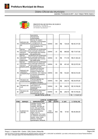 Prefeitura Municipal de Ilheus
Diário Oficial do Município
sexta-feira, 17 de fevereiro de 2017 | Ano II - Edição nº 00124 | Caderno 1
PREFEITURA MUNICIPAL DE ILHEUS
PRç JJ Seabra S/N – Centro Ilhéus-Ba.
Tel.:(073) 3234 3541 - FAX: (073) 3234 3545
CEP: 45650-000 - Ilhéus-Bahia-Brasil
equivalente.
Devidamente
uniformizados
14
SERVIÇO DE
CARREGADOR
ES
Serviço de carga e
descarga, movimentação
e carregamento de
equipamentos e produtos
nas instalações dos
eventos.
DIÁRIA 300 R$ 134,39 R$ 40.317,00
15
Serviço de
Decoração para
estrutura de
grande porte
Serviços de coordenação
e execução artistica de
decoração para eventos
de grande porte.
DIÁRIA 20 R$ 890,89 R$ 17.817,80
16
Serviço de
Decoração para
estrutura de
médio porte
Serviços de coordenação
e execução artistica de
decoração para eventos
de médio porte.
DIÁRIA 30 R$ 711,78 R$ 21.353,40
17
Serviço de
Decoração para
estrutura de
pequeno porte
Serviços de coordenação
e execução artistica de
decoração para eventos
de pequeno porte.
DIÁRIA 50 R$ 451,45 R$ 22.572,50
18
SERVIÇO DE
LIMPEZA E
CONSERVAÇÃ
O
Auxiliares de Serviços
Gerais para manter a
limpeza e higiene dos
ambientes, com materiais
e insumos necessários.
Devidamente
uniformizados.
DIÁRIA 400 R$ 133,28 R$ 53.312,00
19
TÉCNICO DE
AUDIOVISUAIS
Técnicio operador de
equipamentos de
projeção e filmagem.
DIÁRIA 100 R$ 246,75 R$ 24.675,00
20
TÉCNICO DE
LUZ
Profissional especializado
para operar os
equipamentos de
iluminação.
DIÁRIA 80 R$ 246,75 R$ 19.740,00
21
TÉCNICO DE
SOM
Profissional responsável
pela operação dos
equipamentos de som.
DIÁRIA 80 R$ 246,75 R$ 19.740,00
VALOR TOTAL LOTE 05 R$ 1.115.847,20
LOTE 06 – ALIMENTAÇÃO
ITEM SERVIÇO ESPECIFICAÇÃO UND. QUANT. V. UNT. V. TOTAL R$
1
ALMOÇO OU
JANTAR
Cardápio mínimo: duas
entradas, saladas
variadas, dois tipos de
carne, três guarnições,
uma sobremesa e uma
bebida não alcoólica
(água, suco ou
refrigerante). Com todos
os materiais necessários
(pratos, copos, taças,
talheres, bandejas,
guardanapos, rechauds,
POR
PESSOA
800 R$ 57,83 R$ 46.264,00
Praça J. J. Seabra S/N – Centro | S/N | Centro | Ilhéus-Ba Página 040
Este documento foi assinado digitalmente por SERASA Experian conforme MP n. 2.200-2/2001 de 24/08/2001, que institui a infra-estrutura de Chaves Públicas Brasileira -
ICP - Brasil. Cetificação diigital: 9EC7824F4B8D8692A2E7275C41FBC2EE
Prefeitura Municipal de Ilheus
Diário Oficial do Município
sexta-feira, 17 de fevereiro de 2017 | Ano II - Edição nº 00124 | Caderno 1
 