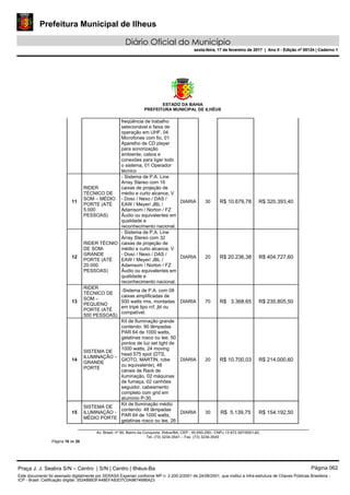 Prefeitura Municipal de Ilheus
Diário Oficial do Município
sexta-feira, 17 de fevereiro de 2017 | Ano II - Edição nº 00124 | Caderno 1
ESTADO DA BAHIA
PREFEITURA MUNICIPAL DE ILHÉUS
Av. Brasil, nº 90, Bairro da Conquista, Ilhéus/BA, CEP.: 45.650-290– CNPJ 13.672.597/0001-62.
Tel. (73) 3234-3541 – Fax. (73) 3234-3545
Página 16 de 28
freqüência de trabalho
selecionável e faixa de
operação em UHF, 04
Microfones com fio, 01
Aparelho de CD player
para sonorização
ambiente, cabos e
conexões para ligar todo
o sistema, 01 Operador
técnico
11
RIDER
TÉCNICO DE
SOM – MÉDIO
PORTE (ATÉ
5.000
PESSOAS)
- Sistema de P.A. Line
Array Stereo com 16
caixas de projeção de
médio e curto alcance, V
- Dosc / Nexo / DAS /
EAW / Meyer/ JBL /
Adamsom / Norton / FZ
Áudio ou equivalentes em
qualidade e
reconhecimento nacional.
DIARIA 30 R$ 10.679,78 R$ 320.393,40
12
RIDER TÉCNIO
DE SOM-
GRANDE
PORTE (ATÉ
20.000
PESSOAS)
- Sistema de P.A. Line
Array Stereo com 32
caixas de projeção de
médio e curto alcance, V
- Dosc / Nexo / DAS /
EAW / Meyer/ JBL /
Adamsom / Norton / FZ
Áudio ou equivalentes em
qualidade e
reconhecimento nacional.
DIARIA 20 R$ 20.236,38 R$ 404.727,60
13
RIDER
TÉCNICO DE
SOM –
PEQUENO
PORTE (ATÉ
500 PESSOAS)
-Sistema de P.A. com 08
caixas amplificadas de
500 watts rms, montadas
em tripé tipo rcf, jbl ou
compatível.
DIARIA 70 R$ 3.368,65 R$ 235.805,50
14
SISTEMA DE
ILUMINAÇÃO –
GRANDE
PORTE
Kit de Iluminação grande
contendo: 90 lâmpadas
PAR 64 de 1000 watts,
gelatinas rosco ou lee, 50
pontos de luz set light de
1000 watts, 24 moving
head 575 spot (DTS,
GIOTO, MARTIN, robe
ou equivalente), 48
canais de Rack de
iluminação, 02 máquinas
de fumaça, 02 canhões
seguidor, cabeamento
completo com grid em
alumínio P-30.
DIARIA 20 R$ 10.700,03 R$ 214.000,60
15
SISTEMA DE
ILUMINAÇÃO -
MÉDIO PORTE
Kit de Iluminação médio
contendo: 48 lâmpadas
PAR 64 de 1000 watts,
gelatinas rosco ou lee, 26
DIARIA 30 R$ 5.139,75 R$ 154.192,50
Praça J. J. Seabra S/N – Centro | S/N | Centro | Ilhéus-Ba Página 062
Este documento foi assinado digitalmente por SERASA Experian conforme MP n. 2.200-2/2001 de 24/08/2001, que institui a infra-estrutura de Chaves Públicas Brasileira -
ICP - Brasil. Cetificação diigital: 35248BB3FA48EFA83D7C0A9874686A23
Prefeitura Municipal de Ilheus
Diário Oficial do Município
sexta-feira, 17 de fevereiro de 2017 | Ano II - Edição nº 00124 | Caderno 1
 