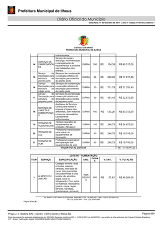 Prefeitura Municipal de Ilheus
Diário Oficial do Município
sexta-feira, 17 de fevereiro de 2017 | Ano II - Edição nº 00124 | Caderno 1
ESTADO DA BAHIA
PREFEITURA MUNICIPAL DE ILHÉUS
Av. Brasil, nº 90, Bairro da Conquista, Ilhéus/BA, CEP.: 45.650-290– CNPJ 13.672.597/0001-62.
Tel. (73) 3234-3541 – Fax. (73) 3234-3545
Página 23 de 28
uniformizados
14
SERVIÇO DE
CARREGADOR
ES
Serviço de carga e
descarga, movimentação
e carregamento de
equipamentos e produtos
nas instalações dos
eventos.
DIÁRIA 300 R$ 134,39 R$ 40.317,00
15
Serviço de
Decoração para
estrutura de
grande porte
Serviços de coordenação
e execução artistica de
decoração para eventos
de grande porte.
DIÁRIA 20 R$ 890,89 R$ 17.817,80
16
Serviço de
Decoração para
estrutura de
médio porte
Serviços de coordenação
e execução artistica de
decoração para eventos
de médio porte.
DIÁRIA 30 R$ 711,78 R$ 21.353,40
17
Serviço de
Decoração para
estrutura de
pequeno porte
Serviços de coordenação
e execução artistica de
decoração para eventos
de pequeno porte.
DIÁRIA 50 R$ 451,45 R$ 22.572,50
18
SERVIÇO DE
LIMPEZA E
CONSERVAÇÃ
O
Auxiliares de Serviços
Gerais para manter a
limpeza e higiene dos
ambientes, com materiais
e insumos necessários.
Devidamente
uniformizados.
DIÁRIA 400 R$ 133,28 R$ 53.312,00
19
TÉCNICO DE
AUDIOVISUAIS
Técnicio operador de
equipamentos de
projeção e filmagem.
DIÁRIA 100 R$ 246,75 R$ 24.675,00
20
TÉCNICO DE
LUZ
Profissional especializado
para operar os
equipamentos de
iluminação.
DIÁRIA 80 R$ 246,75 R$ 19.740,00
21
TÉCNICO DE
SOM
Profissional responsável
pela operação dos
equipamentos de som.
DIÁRIA 80 R$ 246,75 R$ 19.740,00
VALOR TOTAL LOTE 05 R$ 1.115.847,20
LOTE 06 – ALIMENTAÇÃO
ITEM SERVIÇO ESPECIFICAÇÃO UND.
QUAN
T.
V. UNT. V. TOTAL R$
1
ALMOÇO OU
JANTAR
Cardápio mínimo: duas
entradas, saladas
variadas, dois tipos de
carne, três guarnições,
uma sobremesa e uma
bebida não alcoólica
(água, suco ou
refrigerante). Com todos
os materiais necessários
(pratos, copos, taças,
talheres, bandejas,
guardanapos, rechauds,
POR
PESSO
A
800 R$ 57,83 R$ 46.264,00
Praça J. J. Seabra S/N – Centro | S/N | Centro | Ilhéus-Ba Página 069
Este documento foi assinado digitalmente por SERASA Experian conforme MP n. 2.200-2/2001 de 24/08/2001, que institui a infra-estrutura de Chaves Públicas Brasileira -
ICP - Brasil. Cetificação diigital: 35248BB3FA48EFA83D7C0A9874686A23
Prefeitura Municipal de Ilheus
Diário Oficial do Município
sexta-feira, 17 de fevereiro de 2017 | Ano II - Edição nº 00124 | Caderno 1
 