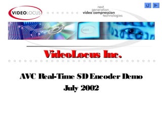 AVC Real-Time SDEncoderDemo
July 2002
VideoLocus Inc.VideoLocus Inc.
 