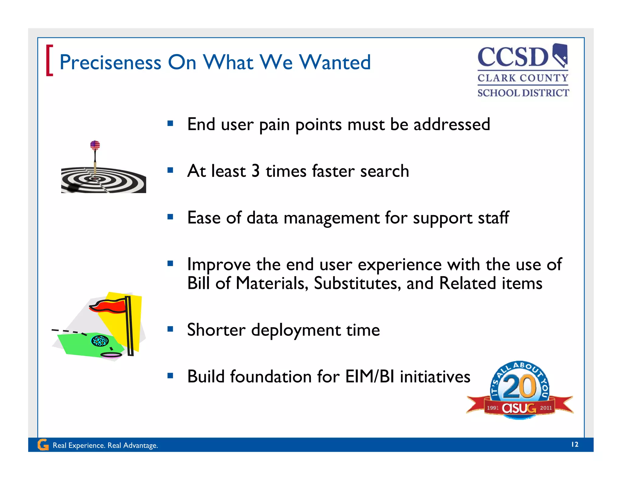 [ Preciseness On What We Wanted
 End user pain points must be addressed
 At least 3 times faster search
 Ease of data management for support staff
 Improve the end user experience with the use ofImprove the end user experience with the use of
Bill of Materials, Substitutes, and Related items
 Shorter deployment time Shorter deployment time
 Build foundation for EIM/BI initiatives
Real Experience. Real Advantage. 12
 
