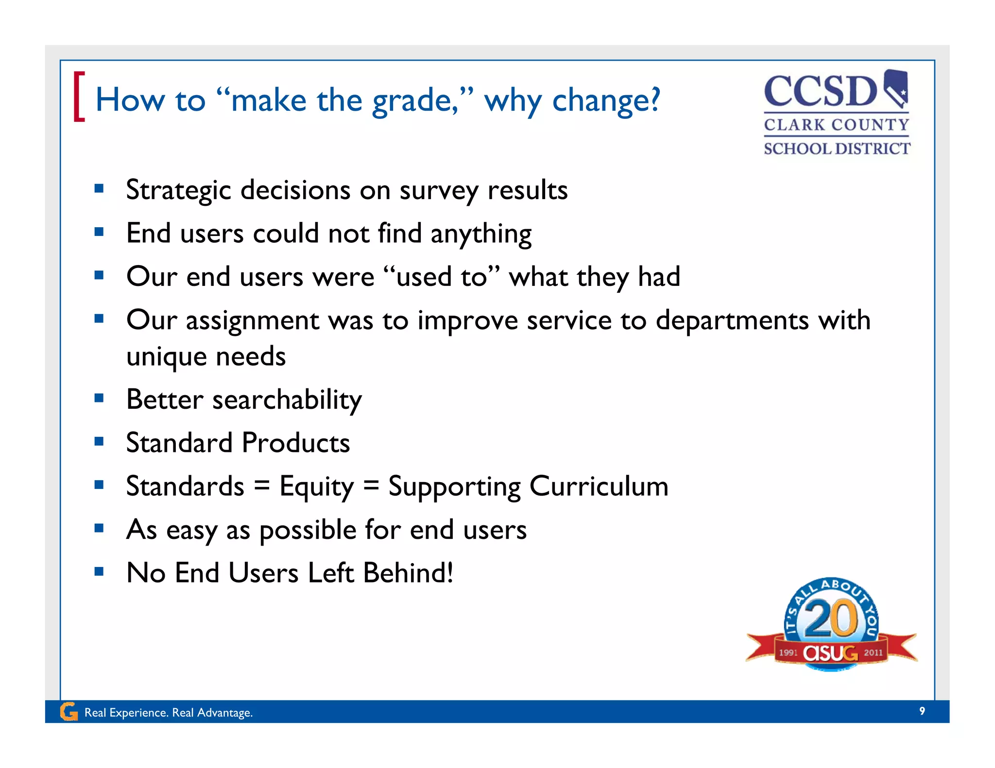 [ How to “make the grade,” why change?
 Strategic decisions on survey results
 End users could not find anythingEnd users could not find anything
 Our end users were “used to” what they had
 Our assignment was to improve service to departments withg p p
unique needs
 Better searchability
S d d P d Standard Products
 Standards = Equity = Supporting Curriculum
 As easy as possible for end users As easy as possible for end users
 No End Users Left Behind!
Real Experience. Real Advantage. 9
 