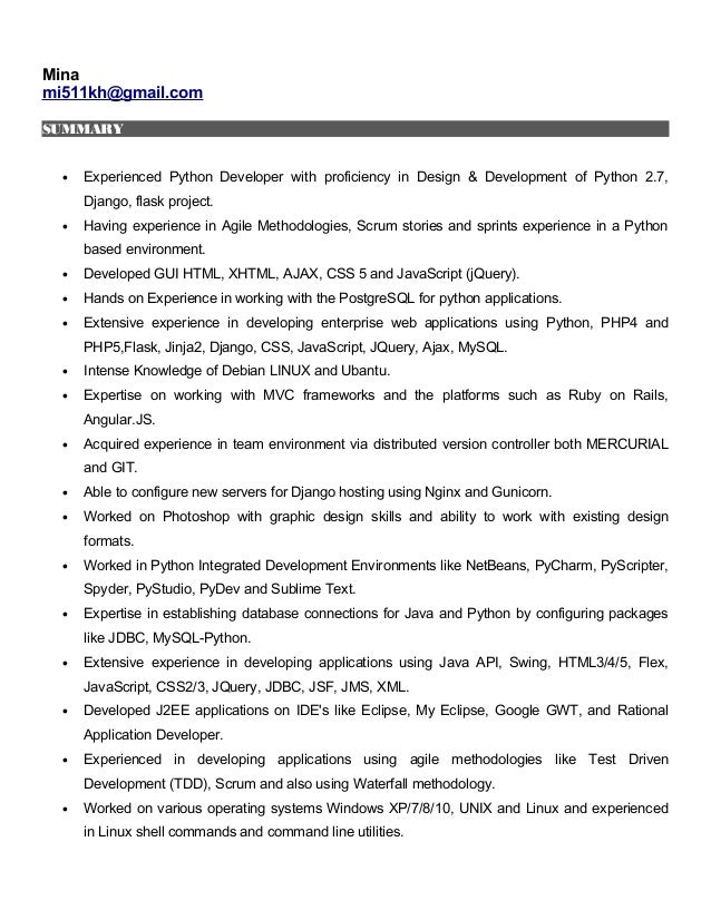 resume mina mi511khgmailcom summary experienced python developer with proficiency in design - Python Developer Resume resume mina mi511khgmailcom summary experienced python developer with proficiency in design - Python Developer Resume