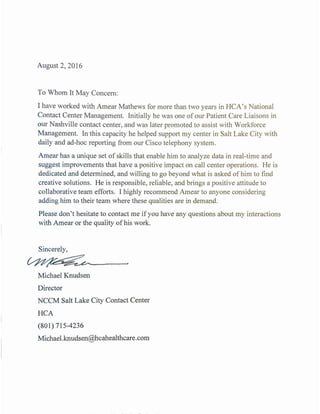 Michael Knudsen Reccomendation Letter