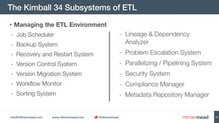 info@rittmanmead.com www.rittmanmead.com @rittmanmead
The Kimball 34 Subsystems of ETL
12
• Managing the ETL Environment
-...
