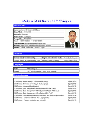 Name : Mohamed El Hosani Ali El Sayed
Date of Birth : 21/08/1989
Nationality : Egyptian
Marital Status : Exempted
Passport No. : A10781498
Mobile : +201207892327 / +201221056328
Email Address : Mohamedelhosani@yahoo.com
Web site : https://www.linkedin.com/in/mohamed elhosani
Address : Talrak, AwladSaker , Sharkia , Egypt.
Name of faculty and University Degree and subject of study Grade-Graduation year
Faculty of Science, Al-Azhar University, Egypt Bachellor Degree in Geology Good (72.84%)- 2011
Egypt (2015)
ECS Training (Data Management Online System CDT-200, DAS)
ECS Training (Troubleshooting software, hardware and electronic equipment)
ECS Training ( Advanced technical Mud Logging tools)
ECS Training ( Pressure evaluation and hydraulic)
Egypt (2013)
Arabic
English
Mother tongue
Very good knowledge ( Read, Write & speak)
Languages
Moha m ed El Hosa ni Ali El Sa y ed
Personal Data
Education
Training Courses
ECS Training (Health, safety & Environmental policy) Egypt (2012)
ECS Training (Principles of Geology & Mud Logging) Egypt (2012)
ECS Training (Advanced Mud Logging) Egypt (2013)
ECS Training (Data Management Offline System WINLOG PRO-ver,3) Egypt (2013)
ECS Training (Data Management Offline System LOG PLOT) Egypt (2013)
Egypt (2014)
Egypt (2015)
 