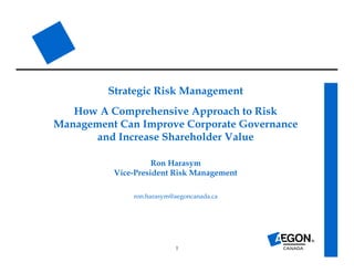 1
Strategic Risk Management
How A Comprehensive Approach to Risk
Management Can Improve Corporate Governance
and Increase Shareholder Value
Ron Harasym
Vice-President Risk Management
ron.harasym@aegoncanada.ca
 