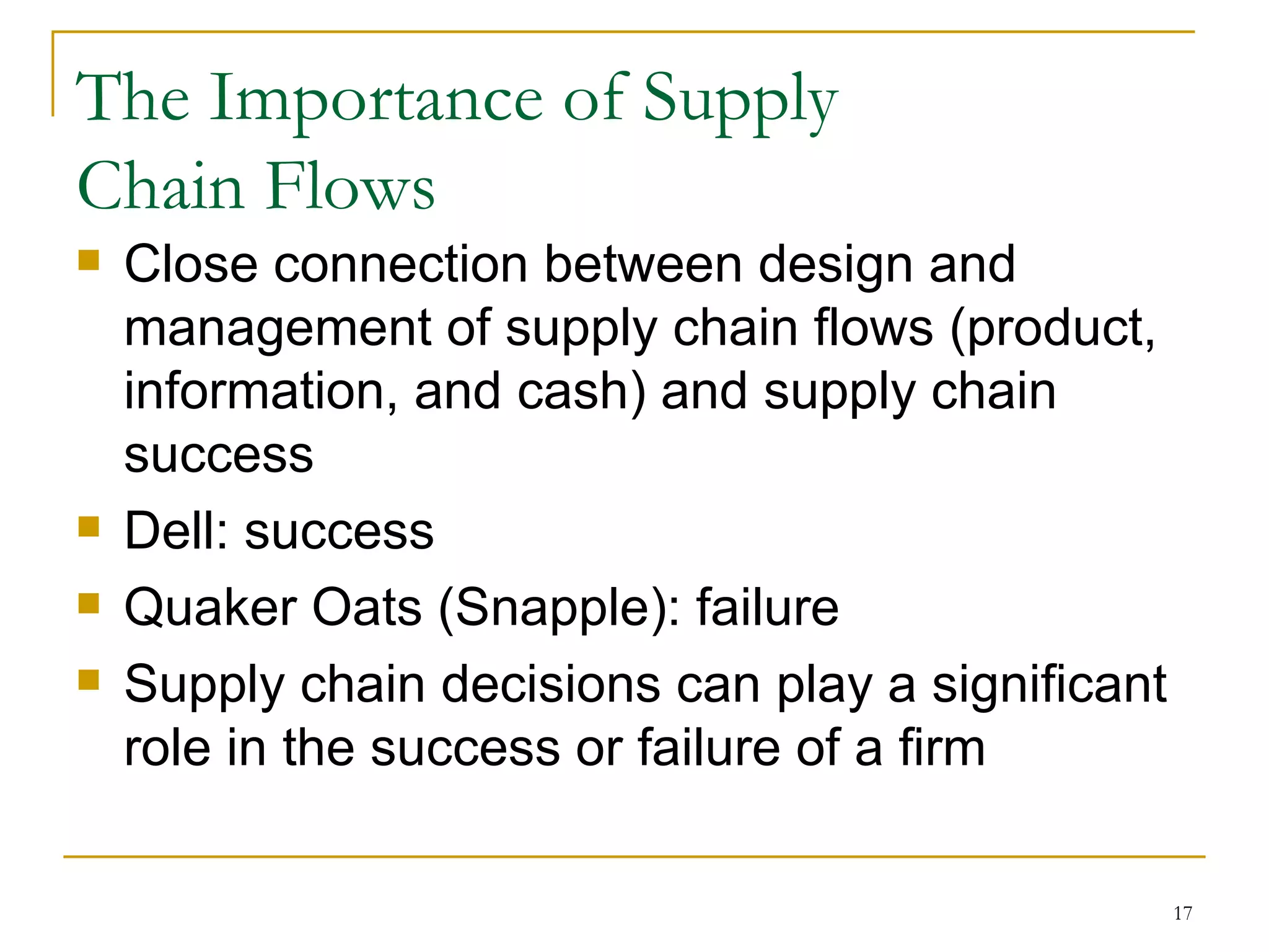 The Importance of Supply  Chain Flows Close connection between design and management of supply chain flows (product, information, and cash) and supply chain success Dell: success Quaker Oats (Snapple): failure Supply chain decisions can play a significant role in the success or failure of a firm 