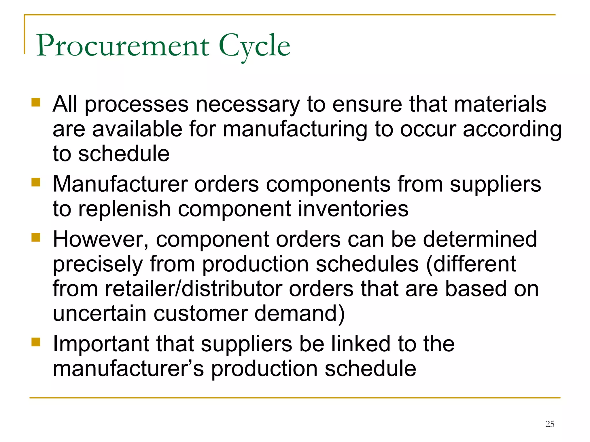 Procurement Cycle All processes necessary to ensure that materials are available for manufacturing to occur according to schedule Manufacturer orders components from suppliers to replenish component inventories However, component orders can be determined precisely from production schedules (different from retailer/distributor orders that are based on uncertain customer demand) Important that suppliers be linked to the manufacturer’s production schedule 