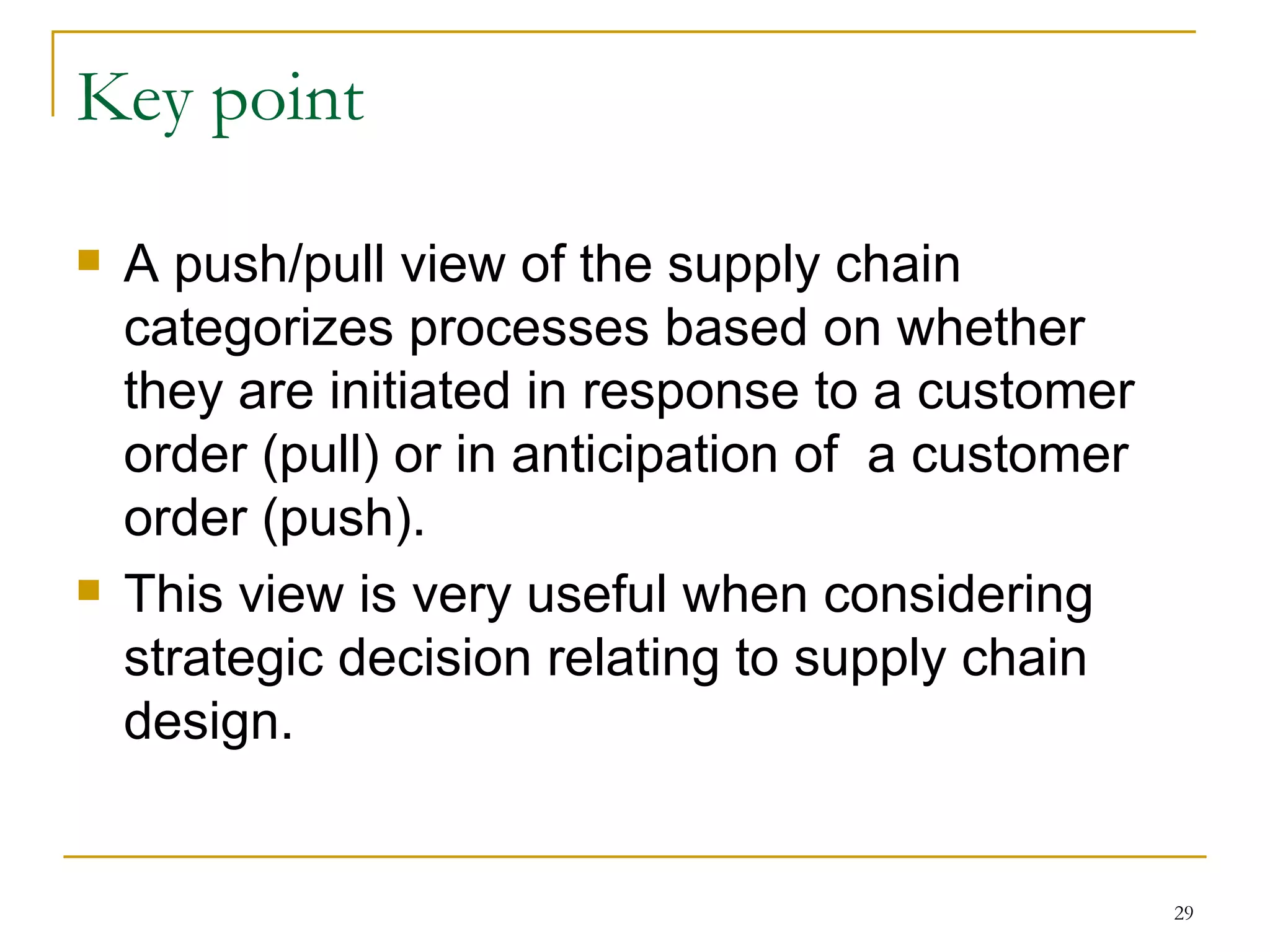 Key point A push/pull view of the supply chain categorizes processes based on whether they are initiated in response to a customer order (pull) or in anticipation of  a customer order (push). This view is very useful when considering strategic decision relating to supply chain design. 