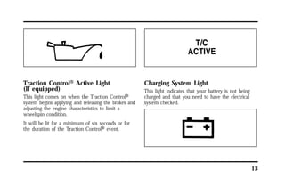 13 
Traction ControlH Active Light 
(If equipped) 
This light comes on when the Traction ControlH 
system begins applying and releasing the brakes and 
adjusting the engine characteristics to limit a 
wheelspin condition. 
It will be lit for a minimum of six seconds or for 
the duration of the Traction ControlH event. 
Charging System Light 
This light indicates that your battery is not being 
charged and that you need to have the electrical 
system checked. 
 