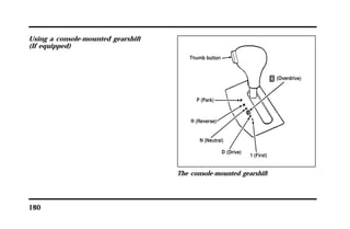 Using a console-mounted gearshift 
(If equipped) 
180 
The console-mounted gearshift 
 