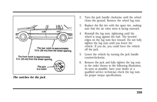 209 
The notches for the jack 
2. Turn the jack handle clockwise until the wheel 
clears the ground. Remove the wheel lug nuts. 
3. Replace the flat tire with the spare tire, making 
sure that the air valve stem is facing outward. 
4. Reinstall the lug nuts, tightening until the 
wheel is snug against the hub. The beveled 
edges on the lug nuts face inward. Do not fully 
tighten the lug nuts until you lower the 
vehicle. If you do, you could force the vehicle 
off the jack. 
5. Lower the vehicle by turning the jack handle 
counterclockwise. 
6. Remove the jack and fully tighten the lug nuts 
in the order shown in the following illustration. 
As soon as possible, have your dealer or a 
qualified service technician check the lug nuts 
for proper torque specifications. 
 