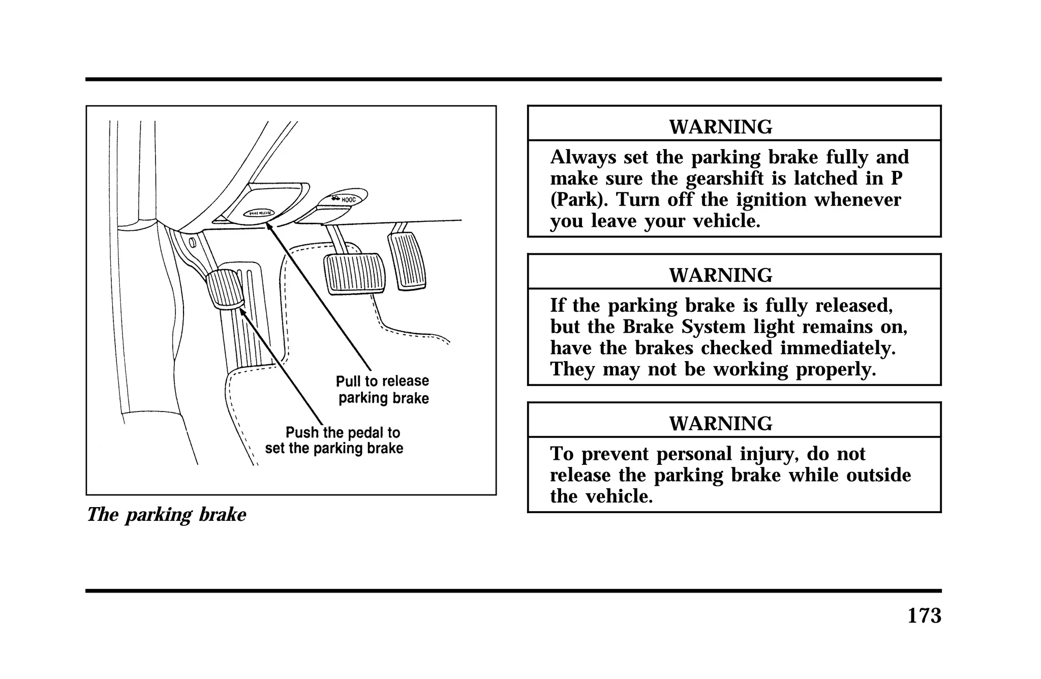 173 
The parking brake 
WARNING 
Always set the parking brake fully and 
make sure the gearshift is latched in P 
(Park). Turn off the ignition whenever 
you leave your vehicle. 
WARNING 
If the parking brake is fully released, 
but the Brake System light remains on, 
have the brakes checked immediately. 
They may not be working properly. 
WARNING 
To prevent personal injury, do not 
release the parking brake while outside 
the vehicle. 
 