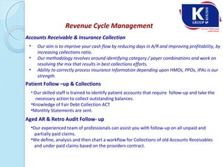 Revenue Cycle Management
• Our aim is to improve your cash flow by reducing days in A/R and improving profitability, by
increasing collections ratio.
• Our methodology revolves around identifying category / payer combinations and work on
resolving the mix that results in best collections efforts.
• Ability to correctly process insurance Information depending upon HMOs, PPOs, IPAs is our
strength.
Accounts Receivable & Insurance Collection
Patient Follow –up & Collections
Aged AR & Retro Audit Follow- up
• Our skilled staff is trained to identify patient accounts that require follow-up and take the
necessary action to collect outstanding balances.
•Knowledge of Fair Debt Collection ACT
•Monthly Statements are sent.
•Our experienced team of professionals can assist you with follow-up on all unpaid and
partially paid claims.
•We define, analysis and then chart a workflow for Collections of old Accounts Receivables
and under paid claims based on the providers contract.
 