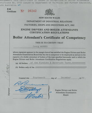 NSW Certificate of Competency as boiler attendant