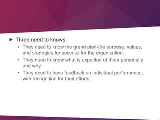 Three need to knows
• They need to know the grand plan-the purpose, values,
and strategies for success for the organizatio...