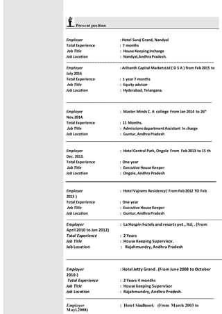Present position
Employer : Hotel Suraj Grand, Nandyal
Total Experience : 7 months
Job Title : House KeepingIncharge
Job Location : Nandyal,AndhraPradesh.
---------------------------------------------------------------------------------------------------------------------
Employer : Arihanth Capital MarketsLtd ( D S A ) from Feb2015 to
July 2016
Total Experience : 1 year 7 months
Job Title : Equity advisor
Job Location : Hyderabad, Telangana.
________________________________________________________________________
Employer : Master MindsC. A college From Jan 2014 to 26th
Nov.2014.
Total Experience : 11 Months.
Job Title : AdmissionsdepartmentAssistant In charge
Job Location : Guntur,Andhra Pradesh
________________________________________________________________________
Employer : Hotel Central Park, Ongole From Feb2013 to 15 th
Dec. 2013.
Total Experience : One year
Job Title : Executive House Keeper
Job Location : Ongole,Andhra Pradesh
Employer : Hotel Vajrams Residency( From Feb2012 TO Feb
2013 )
Total Experience : One year
Job Title : Executive House Keeper
Job Location : Guntur,Andhra Pradesh
Employer : La Hospin hotels and resorts pvt., ltd, . (From
April 2010 to Jan 2012)
Total Experience : 2 Years
Job Title : House Keeping Supervisor.
Job Location : Rajahmundry, Andhra Pradesh
Employer : Hotel Jetty Grand . (From June 2008 to October
2010-)
Total Experience : 2 Years 4 months
Job Title : House keeping Supervisor
Job Location : Rajahmundry, Andhra Pradesh.
__________________________________________________________________
Employer : Hotel Sindhoori. (From March 2003 to
Mayl.2008)
 
