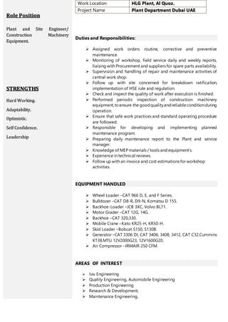 Role Position
Plant and Site Engineer/
Construction Machinery
Equipment.
Hard Working.
Adaptability.
Optimistic.
Self Confidence.
Leadership
Work Location HLG Plant, Al Quoz.
Project Name Plant Department Dubai UAE
Duties and Responsibilities:
 Assigned work orders routine, corrective and preventive
maintenance.
 Monitoring of workshop, field service daily and weekly reports,
liaising with Procurement and suppliers for spare parts availability.
 Supervision and handling of repair and maintenance activities of
central work shop.
 Follow up with site concerned for breakdown ratification,
implementation of HSE rule and regulation.
 Check and inspect the quality of work after execution is finished.
 Performed periodic inspection of construction machinery
equipment,toensure the goodqualityandreliableconditionduring
operation.
 Ensure that safe work practices and standard operating procedure
are followed.
 Responsible for developing and implementing planned
maintenance program.
 Preparing daily maintenance report to the Plant and service
manager.
 Knowledge of MEP materials / tools and equipment’s.
 Experience in technical reviews.
 Follow up with an invoice and cost estimations for workshop
activities.
EQUIPMENT HANDLED
 Wheel Loader –CAT 966 D, E, and F Series.
 Bulldozer –CAT D8-R, D9-N, Komatsu D 155.
 Backhoe-Loader –JCB 3XC, Volvo BL71.
 Motor Grader –CAT 12G, 14G.
 Backhoe –CAT 320,330.
 Mobile Crane –Kato KR25-H, KR50-H.
 Skid Loader –Bobcat S150, S130B.
 Generator –CAT 3306 DI, CAT 3406, 3408, 3412, CAT C32.Cummins
KT38.MTU 12V2000G23, 12V1600G20.
 Air Compressor –IRMAIR 250 CFM.
AREAS OF INTEREST
 Site Engineering
 Quality Engineering, Automobile Engineering
 Production Engineering
 Research & Development,
 Maintenance Engineering,
 