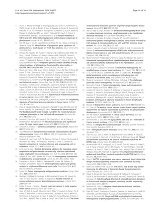 Li et al. Cancer Cell International 2014, 14:115 Page 14 of 16 
http://www.cancerci.com/content/14/1/115 
11. Sturm D, Witt H, Hovestadt V, Khuong-Quang DA, Jones DT, Konermann C, 
Pfaff E, Tonjes M, Sill M, Bender S, Kool M, Zapatka M, Becker N, Zucknick M, 
Hielscher T, Liu XY, Fontebasso AM, Ryzhova M, Albrecht S, Jacob K, Wolter M, 
Ebinger M, Schuhmann MU, van Meter T, Fruhwald MC, Hauch H, Pekrun A, 
Radlwimmer B, Niehues T, von Komorowski G, et al: Hotspot mutations in 
H3F3A and IDH1 define distinct epigenetic and biological subgroups of 
glioblastoma. Cancer Cell 2012, 22(4):425–437. 
12. Kim YW, Koul D, KimSH, Lucio-Eterovic AK, Freire PR, Yao J, Wang J, Almeida JS, 
Aldape K, Yung WK: Identification of prognostic gene signatures of 
glioblastoma: a study based on TCGA data analysis. Neuro Oncol 2013, 
15(7):829–839. 
13. Verhaak RG, Hoadley KA, Purdom E, Wang V, Qi Y, Wilkerson MD, Miller CR, 
Ding L, Golub T, Mesirov JP, Alexe G, Lawrence M, O'Kelly M, Tamayo P, 
Weir BA, Gabriel S, Winckler W, Gupta S, Jakkula L, Feiler HS, Hodgson JG, 
James CD, Sarkaria JN, Brennan C, Kahn A, Spellman PT, Wilson RK, Speed TP, 
Gray JW, Meyerson M, et al: Integrated genomic analysis identifies clinically 
relevant subtypes of glioblastoma characterized by abnormalities in 
PDGFRA, IDH1, EGFR, and NF1. Cancer Cell 2010, 17(1):98–110. 
14. Wood LD, Parsons DW, Jones S, Lin J, Sjoblom T, Leary RJ, Shen D, Boca SM, 
Barber T, Ptak J, Silliman N, Szabo S, Dezso Z, Ustyanksky V, Nikolskaya T, 
Nikolsky Y, Karchin R, Wilson PA, Kaminker JS, Zhang Z, Croshaw R, Willis J, 
Dawson D, Shipitsin M, Willson JK, Sukumar S, Polyak K, Park BH, 
Pethiyagoda CL, Pant PV, et al: The genomic landscapes of human breast 
and colorectal cancers. Science (New York, NY 2007, 318(5853):1108–1113. 
15. Alexandrov LB, Nik-Zainal S, Wedge DC, Aparicio SA, Behjati S, Biankin AV, 
Bignell GR, Bolli N, Borg A, Borresen-Dale AL, Boyault S, Burkhardt B, Butler AP, 
Caldas C, Davies HR, Desmedt C, Eils R, Eyfjord JE, Foekens JA, Greaves M, 
Hosoda F, Hutter B, Ilicic T, Imbeaud S, Imielinsk M, Jager N, Jones DT, 
Jones D, Knappskog S, Kool M, et al: Signatures of mutational processes 
in human cancer. Nature 2013, 500:415–421. 
16. Alexandrov LB, Nik-Zainal S, Wedge DC, Campbell PJ, Stratton MR: Deciphering 
signatures of mutational processes operative in human cancer. Cell Rep 
2013, 3(1):246–259. 
17. Zhao Q, Caballero OL, Davis ID, Jonasch E, Tamboli P, Yung WK, Weinstein JN, 
Kenna Shaw for Trn, Strausberg RL, Yao J: Tumor-specific isoform switch of 
the fibroblast growth factor receptor 2 underlies the mesenchymal and 
malignant phenotypes of clear cell renal cell carcinomas. Clin Cancer Res 
2013, 19(9):2460–2472. 
18. Kandoth C, McLellan MD, Vandin F, Ye K, Niu B, Lu C, Xie M, Zhang Q, 
McMichael JF, Wyczalkowski MA: Mutational landscape and significance 
across 12 major cancer types. Nature 2013, 502(7471):333–339. 
19. Ashworth A, Hudson TJ: Genomics: comparisons across cancers. Nature 2013, 
502(7471):306–307. 
20. TCGA-ResNetwork: Comprehensive molecular characterization of gastric 
adenocarcinoma. Nature 2014, 513:202–209. (211 September 2014) 
doi:2010.1038/nature13480. 
21. Anderson K, Lutz C, van Delft FW, Bateman CM, Guo Y, Colman SM, Kempski H, 
Moorman AV, Titley I, Swansbury J, Kearney L, Enver T, Greaves M: 
Genetic variegation of clonal architecture and propagating cells in 
leukaemia. Nature 2011, 469(7330):356–361. 
22. Li SC, Lee KL, Luo J: Control dominating subclones for managing cancer 
progression and posttreatment recurrence by subclonal switchboard 
signal: implication for new therapies. Stem Cells Dev 2012, 21(4):503–506. 
23. Bonavia R, Inda MM, Cavenee WK, Furnari FB: Heterogeneity maintenance 
in glioblastoma: a social network. Cancer Res 2011, 71(12):4055–4060. 
24. Carpenter EL, Rader J, Ruden J, Rappaport EF, Hunter KN, Hallberg PL, 
Krytska K, O’Dwyer PJ, Mosse YP: Dielectrophoretic capture and genetic 
analysis of single neuroblastoma tumor cells. Front Oncol 2014, 4:201. 
doi:210.3389/fonc.2014.00201. 
25. Longo DL: Tumor heterogeneity and personalized medicine. N Engl J Med 
2012, 366(10):956–957. 
26. Martinez P, Birkbak NJ, Gerlinger M, McGranahan N, Burrell RA, Rowan AJ, 
Joshi T, Fisher R, Larkin J, Szallasi Z, Swanton C: Parallel evolution of 
tumour subclones mimics diversity between tumours. J Pathol 2013, 
230(4):356–364. 
27. Rodler E, Korde L, Gralow J: Current treatment options in triple negative 
breast cancer. Breast Dis 2010, 32(1–2):99–122. 
28. Shah SP, Roth A, Goya R, Oloumi A, Ha G, Zhao Y, Turashvili G, Ding J, Tse K, 
Haffari G, Bashashati A, Prentice LM, Khattra J, Burleigh A, Yap D, Bernard V, 
McPherson A, Shumansky K, Crisan A, Giuliany R, Heravi-Moussavi A, Rosner J, 
Lai D, Birol I, Varhol R, Tam A, Dhalla N, Zeng T, Ma K, Chan SK, et al: The clonal 
and mutational evolution spectrum of primary triple-negative breast 
cancers. Nature 2012, 486(7403):395–399. 
29. Shin SJ, Hyjek E, Early E, Knowles DM: Intratumoral heterogeneity of her-2/neu 
in invasive mammary carcinomas using fluorescence in-situ hybridization 
and tissue microarray. Int J Surg Pathol 2006, 14(4):279–284. 
30. Wemmert S, Romeike BF, Ketter R, Steudel WI, Zang KD, Urbschat S: 
Intratumoral genetic heterogeneity in pilocytic astrocytomas revealed by 
CGH-analysis of microdissected tumor cells and FISH on tumor tissue 
sections. Int J Oncol 2006, 28(2):353–360. 
31. Corzo C, Tusquets I, Suarez M, Fabregat X, Salido M, Sole F, Corominas JM, 
Serrano S: Intratumoral heterogeneity of HER2/neu and topoisomerase 
IIalpha in breast cancer: a case with clonal monosomy 17. Cancer Genet 
Cytogenet 2004, 154(1):89–90. 
32. Moch H, Schraml P, Bubendorf L, Richter J, Gasser TC, Mihatsch MJ, Sauter G: 
Intratumoral heterogeneity of von Hippel-Lindau gene deletions in renal 
cell carcinoma detected by fluorescence in situ hybridization. Cancer Res 
1998, 58(11):2304–2309. 
33. Lonn U, Lonn S, Nilsson B, Stenkvist B: Intratumoral heterogeneity for 
amplified genes in human breast carcinoma. Int J Cancer 1994, 58(1):40–45. 
34. Li SC, Tachiki LM, Luo J, Dethlefs BA, Chen Z, Loudon WG: A biological 
global positioning system: considerations for tracking stem cell 
behaviors in the whole body. Stem Cell Rev 2010, 6(2):317–333. 
35. Bhatia S, Frangioni JV, Hoffman RM, Iafrate AJ, Polyak K: The challenges 
posed by cancer heterogeneity. Nat Biotechnol 2012, 30(7):604–610. 
36. Marusyk A, Polyak K: Tumor heterogeneity: causes and consequences. 
Biochim Biophys Acta 2010, 1805(1):105–117. 
37. Landau DA, Carter SL, Stojanov P, McKenna A, Stevenson K, Lawrence MS, 
Sougnez C, Stewart C, Sivachenko A, Wang L, Wan Y, Zhang W, Shukla SA, 
Vartanov A, Fernandes SM, Saksena G, Cibulskis K, Tesar B, Gabriel S, 
Hacohen N, Meyerson M, Lander ES, Neuberg D, Brown JR, Getz G, Wu CJ: 
Evolution and impact of subclonal mutations in chronic lymphocytic 
leukemia. Cell 2013, 152(4):714–726. 
38. Bourzac K: Biology: three known unknowns. Nature 2014, 509(7502):S69–S71. 
39. Li X, Lees JR: Pre-existing central nervous system lesions negate cytokine 
requirements for regional experimental autoimmune encephalomyelitis 
development. Immunology 2013, 138(3):208–215. 
40. Uhr JW, Pantel K: Controversies in clinical cancer dormancy. Proc Natl 
Acad Sci U S A 2011, 108(30):12396–12400. 
41. Sonnenschein C, Soto AM: The aging of the 2000 and 2011 Hallmarks of 
Cancer reviews: a critique. J Biosci 2013, 38(3):651–663. 
42. Milbury K: Changing the Cancer Landscape. Edited by Scientific American. 
USA: Scientific American; 2013:1–8. 
43. Nash I: Changing the cancer landscape. N Engl J Med 2012, 366:2132–2133. 
discussion 2133. 
44. Tsao AS, Liu S, Lee JJ, Alden CM, Blumenschein GR Jr, Herbst R, Davis SE, 
Kim E, Lippman S, Heymach J, Tran H, Tang X, Wistuba I, Hong WK: Clinical 
and biomarker outcomes of the phase II vandetanib study from the 
BATTLE trial. J Thorac Oncol 2013, 8(5):658–661. 
45. Blumenschein GR Jr, Saintigny P, Liu S, Kim ES, Tsao AS, Herbst RS, Alden C, 
Lee JJ, Tang X, Stewart DJ, Kies MS, Fossella FV, Tran HT, Mao L, Hicks ME, 
Erasmus J Jr, Gupta S, Girard L, Peyton M, Diao L, Wang J, Davis SE, Minna JD, 
Wistuba I, Hong WK, Heymach JV, Lippman SM: Comprehensive biomarker 
analysis and final efficacy results of sorafenib in the BATTLE trial. Clin Cancer 
Res 2013, 19(24):6967–6975. 
46. Printz C: BATTLE to personalize lung cancer treatment. Novel clinical trial 
design and tissue gathering procedures drive biomarker discovery. 
Cancer 2010, 116(14):3307–3308. 
47. Rubin EH, Anderson KM, Gause CK: The BATTLE trial: a bold step toward 
improving the efficiency of biomarker-based drug development. 
Cancer Discovery 2011, 1(1):17–20. 
48. Wagle N, Berger MF, Davis MJ, Blumenstiel B, Defelice M, Pochanard P, 
Ducar M, Van Hummelen P, Macconaill LE, Hahn WC, Meyerson M, Gabriel SB, 
Garraway LA: High-throughput detection of actionable genomic alterations 
in clinical tumor samples by targeted, massively parallel sequencing. 
Cancer Discov 2011, 2:82–93. 
49. Beckman RA, Loeb LA: Negative clonal selection in tumor evolution. 
Genetics 2005, 171(4):2123–2131. 
50. Patel AP, Tirosh I, Trombetta JJ, Shalek AK, Gillespie SM, Wakimoto H, Cahill DP, 
Nahed BV, Curry WT, Martuza RL, Louis DN, Rozenblatt-Rosen O, Suva ML, 
Regev A, Bernstein BE: Single-cell RNA-seq highlights intratumoral 
heterogeneity in primary glioblastoma. Science 2014, 344:1396–1401. 
 