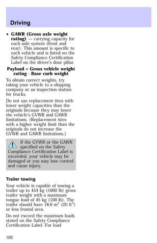 Driving 
² GAWR (Gross axle weight 
rating) — carrying capacity for 
each axle system (front and 
rear). This amount is specific to 
each vehicle and is listed on the 
Safety Compliance Certification 
Label on the driver’s door pillar. 
Payload = Gross vehicle weight 
rating - Base curb weight 
To obtain correct weights, try 
taking your vehicle to a shipping 
company or an inspection station 
for trucks. 
Do not use replacement tires with 
lower weight capacities than the 
originals because they may lower 
the vehicle’s GVWR and GAWR 
limitations. (Replacement tires 
with a higher weight limit than the 
originals do not increase the 
GVWR and GAWR limitations.) 
If the GVWR or the GAWR 
specified on the Safety 
Compliance Certification Label is 
exceeded, your vehicle may be 
damaged or you may lose control 
and cause injury. 
Trailer towing 
Your vehicle is capable of towing a 
trailer up to 454 kg (1000 lb) gross 
trailer weight with a maximum 
tongue load of 45 kg (100 lb). The 
trailer should have 18.6 m2 (20 ft2) 
or less frontal area. 
Do not exceed the maximum loads 
stated on the Safety Compliance 
Certification Label. For load 
102 
 