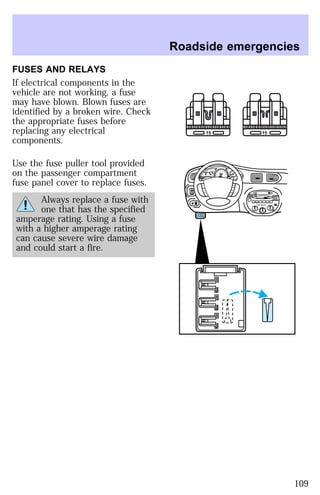 FUSES AND RELAYS 
If electrical components in the 
vehicle are not working, a fuse 
may have blown. Blown fuses are 
identified by a broken wire. Check 
the appropriate fuses before 
replacing any electrical 
components. 
Use the fuse puller tool provided 
on the passenger compartment 
fuse panel cover to replace fuses. 
Always replace a fuse with 
one that has the specified 
amperage rating. Using a fuse 
with a higher amperage rating 
can cause severe wire damage 
and could start a fire. 
Roadside emergencies 
15 15 
HI 
SEEK
 
TUNE SCAN 
LO 
OFF 
*A/C 
*MAX
 
A/C 
TUNE
 
DISCS
 
EJ REW FF 
BASS TREB 
BAL 
FADE 
TAPE 
CD 
AM
 
FM 
– + 
1
 
SIDE 1-2 
2 
3 4 
5
 
COMP 
1
 
SIDE 1-2 
VOL–
 
PUSH ON 
MIRROR 
L 
R 
0 0 0 0 0 0 
0 0 0 
40 
30 
20 
50 60 70 
80 
90 
100 
110 20 
40 
60 
80 
100 
120 
140 
160 
180 
E F C H 
FUEL FILL 
1/2 2 
1 
3 
RPM x 1000 
MIST 
OFF 
OFF2 
RESET 
SET 
ACC 
SET 
XXXX 
XXX 
INT 
1 
109 
 