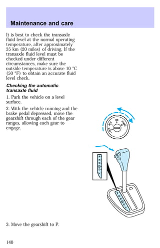 It is best to check the transaxle 
fluid level at the normal operating 
temperature, after approximately 
35 km (20 miles) of driving. If the 
transaxle fluid level must be 
checked under different 
circumstances, make sure the 
outside temperature is above 10 °C 
(50 °F) to obtain an accurate fluid 
level check. 
Checking the automatic 
transaxle fluid 
1. Park the vehicle on a level 
surface. 
2. With the vehicle running and the 
brake pedal depressed, move the 
gearshift through each of the gear 
ranges, allowing each gear to 
engage. 
3. Move the gearshift to P. 
P 
R 
N 
D 
D 
L 
P 
R 
N 
D 
D 
L 
ON 
II 
ACC 
I 
LOCK 
0 
START 
III 
Maintenance and care 
140 
 